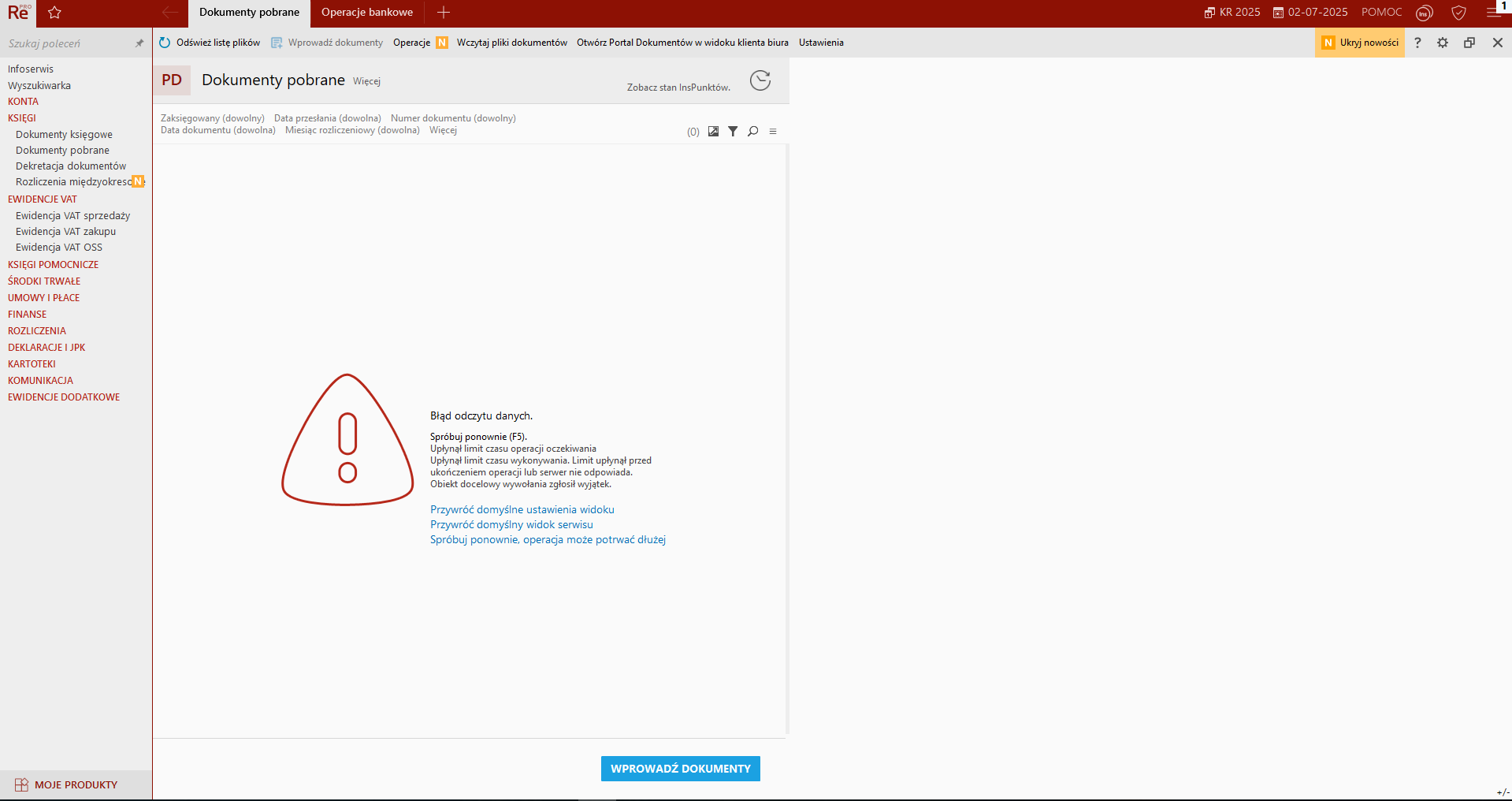 Błąd odczytu danych - dokumenty pobrane wersja insert nexo 56.0.0