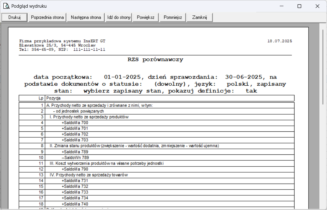 Brak pozycji na wydruku definicji sprawozdań np. bilansu, RZiS ...