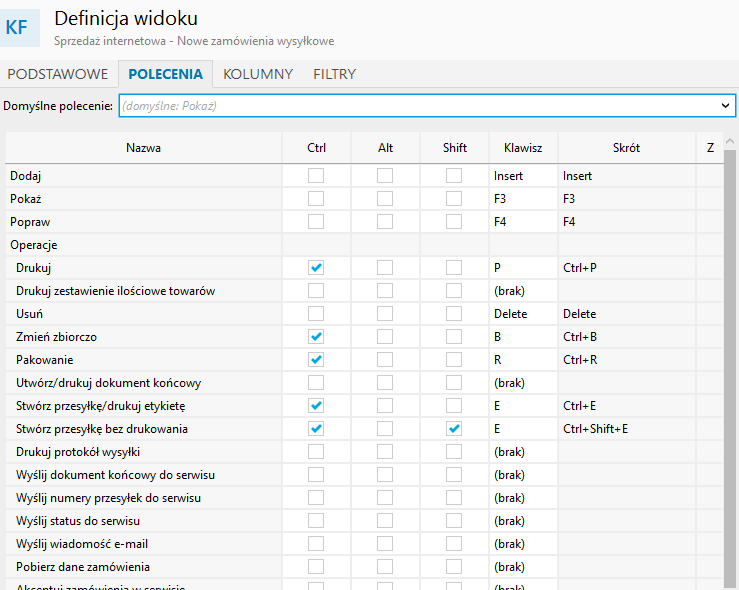 ustawianie skrótów klawiaturowych w sello nx